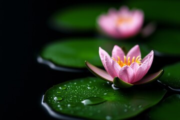 A serene scene featuring pink water lilies on dark green lily pads, enhanced by droplets of water, creating a tranquil, nature-inspired atmosphere.
