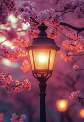 Cherry blossoms illuminate a park lantern during spring at dusk