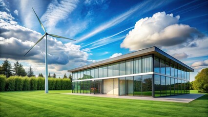 Obraz premium Modern Eco-Friendly Home with Wind Turbine Energy Solution on Lush Green Lawn under a Bright Blue Sky