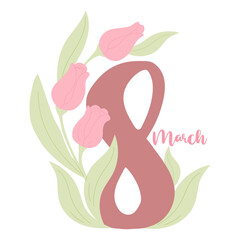 Women Day March 8 with bouquet pink tulip flowers. International Holiday greeting design. Vector illustration