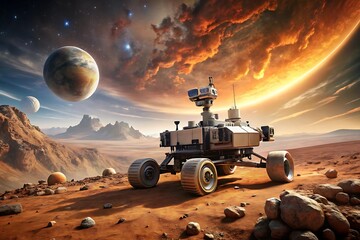 Martian Rover Exploring an Alien Landscape Against a Cosmic Backdrop With Planets and a Dramatically Lit Sky