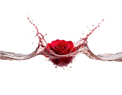 red roses fell into the water. rose flower with water splash. isolated on transparent or white background