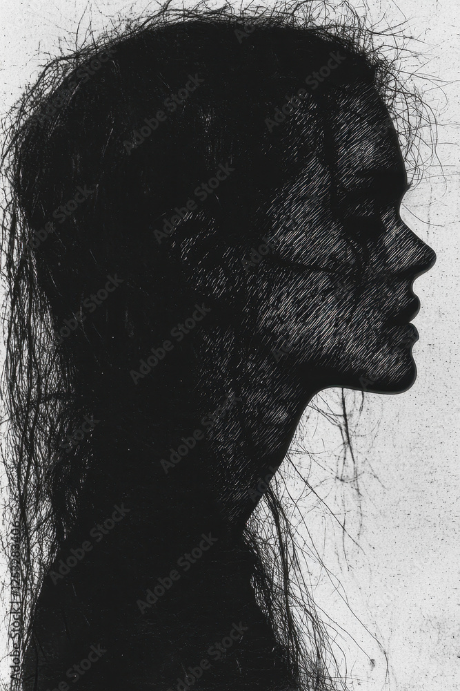 Poster exploring the depths of expression through unique silhouette art: a captivating profile in monochrom