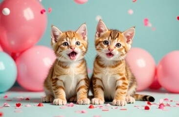 Two cute funny kittens on a blue background, decorated with balloons. Cat party Happy birthday.