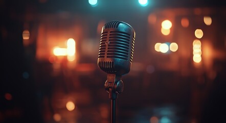 Vintage microphone illuminated in a vibrant setting during a live performance at night