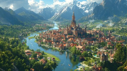 Majestic castle town nestled in valley, river flows, mountains background; tourism, fantasy