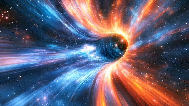 Massive starship emerging from a wormhole, glowing trails of energy and distant stars creating a sense of motion, futuristic and thrilling