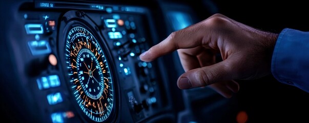 A hand interacts with a high-tech digital dashboard, showcasing intricate displays and controls in a dark environment.