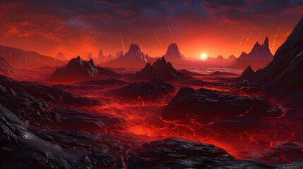 Obraz premium Alien planet with strange rock formations, glowing rivers of lava, and an eerie sky filled with unfamiliar celestial bodies, otherworldly and awe-inspiring