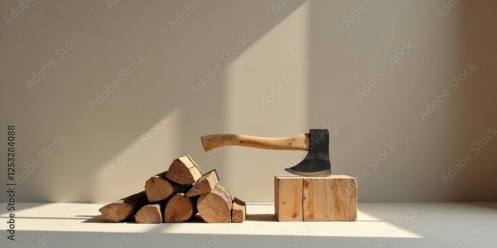 Poster a rustic wooden block supports a sharp axe, poised near a stack of neatly arranged firewood logs bat
