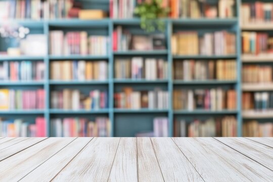Empty wooden tabletop with blurred background of bookshelf in library for product display presentation template design