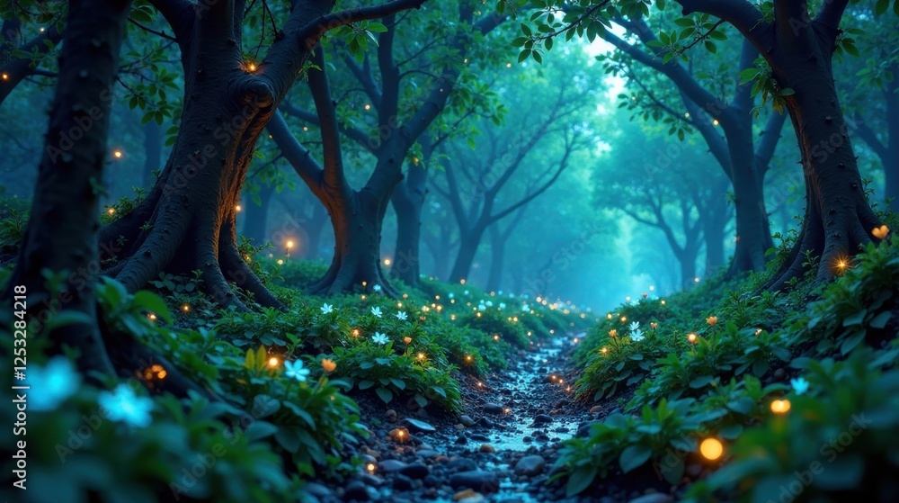 Fototapete enchanted forest path a mystical stream winds through luminescent flora and ancient trees at dusk