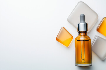 Fototapeta premium glass bottle of serum with dropper sits on clean surface, surrounded by colorful geometric shapes. warm tones of serum contrast beautifully with background, creating calming atmosphere