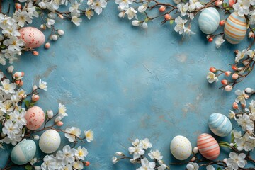 Obraz premium Colorful Easter eggs and spring flowers arranged on a blue background for festive decoration