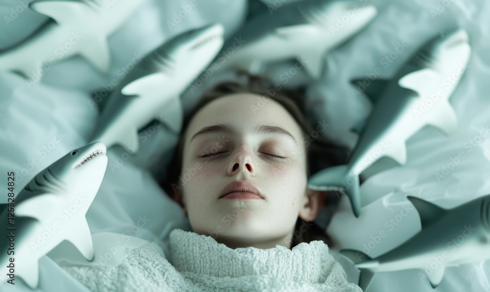 Poster a serene dreamscape: exploring the intersection of youthful imagination and whimsy with sharks in a 