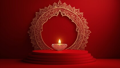 Candle lit on a decorative pedestal with intricate backdrop during a festive celebration