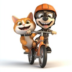 Happy Cartoon Character Riding Bicycle with Playful Cat Companion