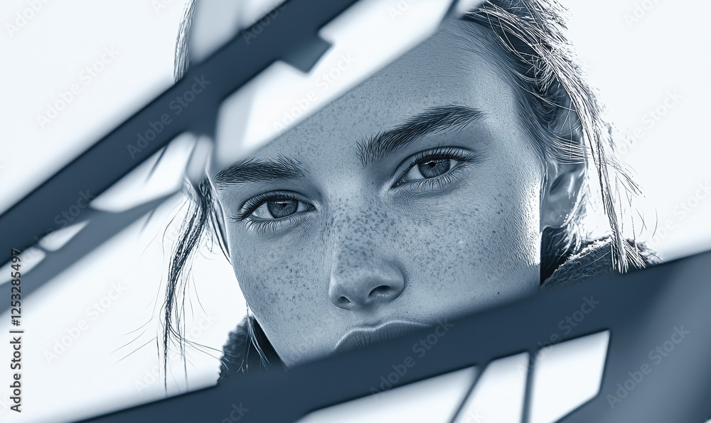 Poster captivating portrait of a young individual highlighting unique features and emotional depth through 