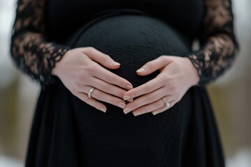 Partners embrace the bond of impending parenthood, gently holding a pregnant belly. The soft blur around them enhances the feeling of love and support in their intimate moment