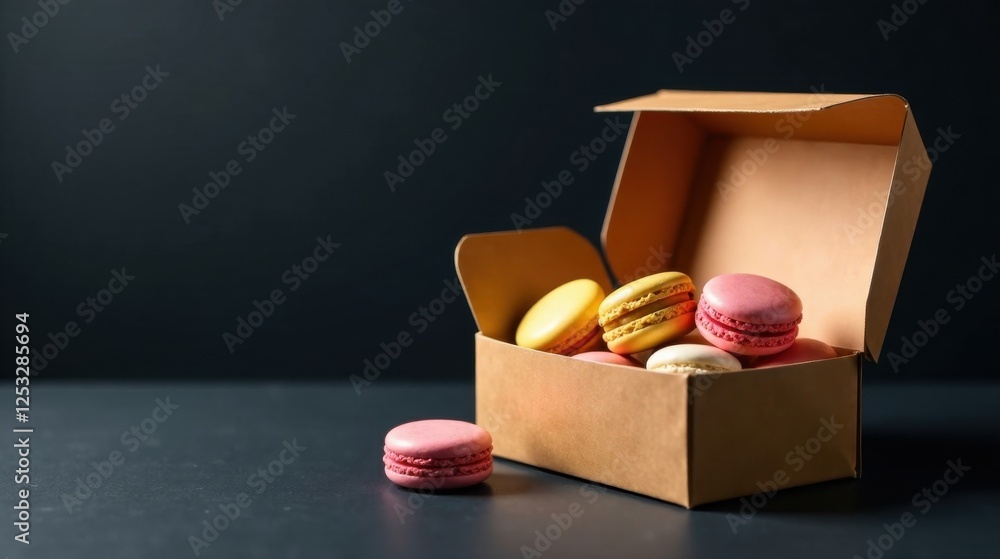 Poster delightful assortment of pastel-colored macarons in a simple cardboard box, presented on a dark surf