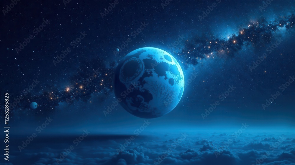 Poster a celestial body illuminated by a distant galaxy above a sea of clouds