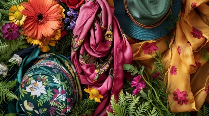Vibrant blooms and stylish accessories create a fashionable flat lay, celebrating beauty and style