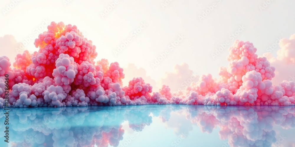 Poster dreamlike pink bubble formations reflected in a serene body of water, creating a whimsical and ether