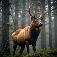 Fototapeta premium Majestic Elk Standing Tall in a Mystical Forest Landscape