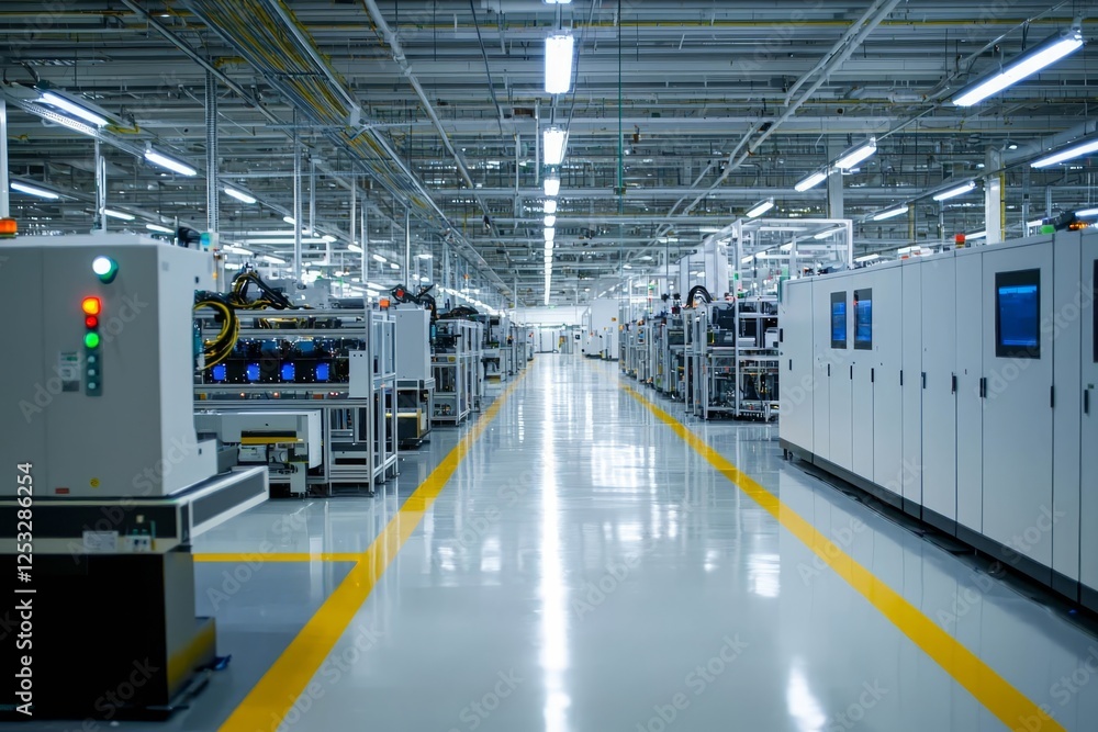 Poster fully automated modern pcb assembly line. advanced high precision robot arm inside bright electronic