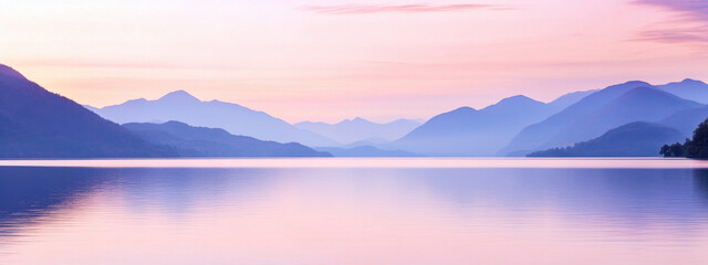 Fototapeta premium Serene mountain lake at sunset, with soft pink and purple hues reflecting on the calm water, framed by distant mountain ranges under a pastel sky.