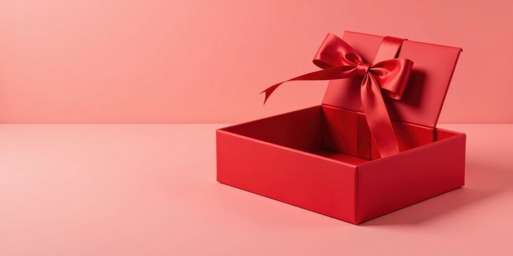 A crimson gift box with a satin ribbon, alluringly open, rests on a pale coral surface, hinting at anticipation and delight.