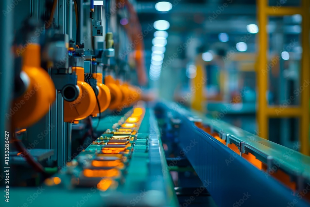 Poster fully automated modern pcb assembly line. advanced high precision robot arm inside bright electronic