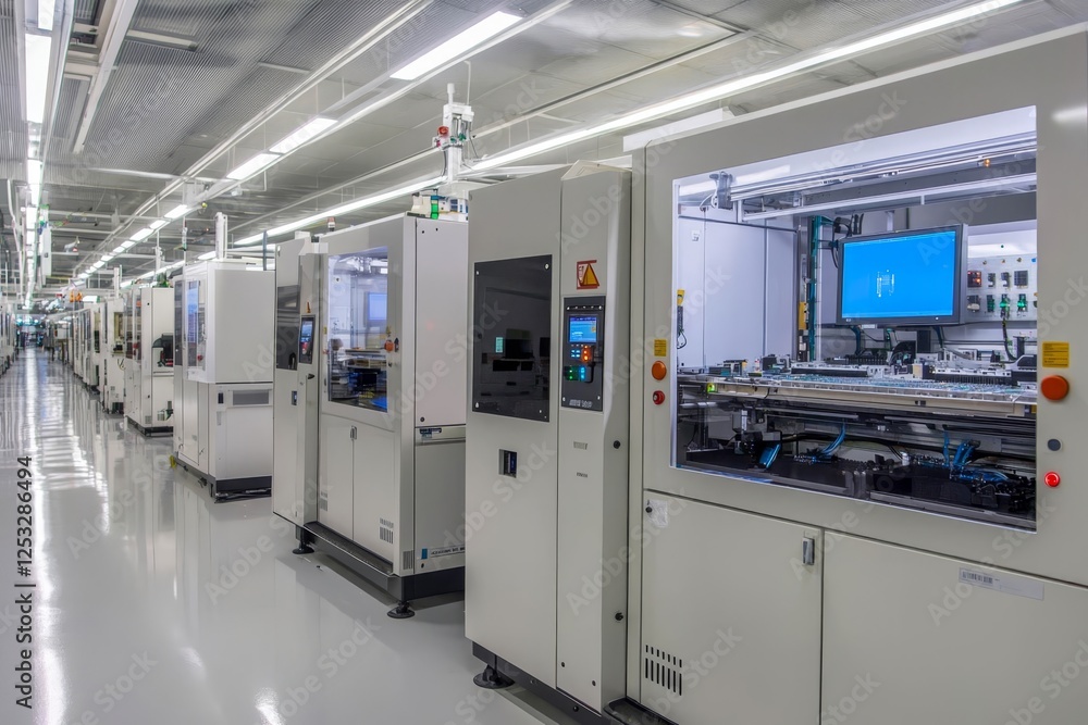 Poster fully automated modern pcb assembly line. advanced high precision robot arm inside bright electronic