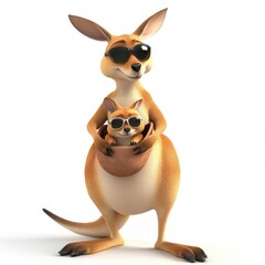 Cartoon kangaroo wearing sunglasses holding a baby kangaroo