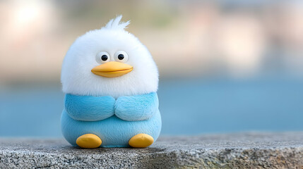 Fluffy toy bird seaside scene, calm ocean backdrop, kids toy