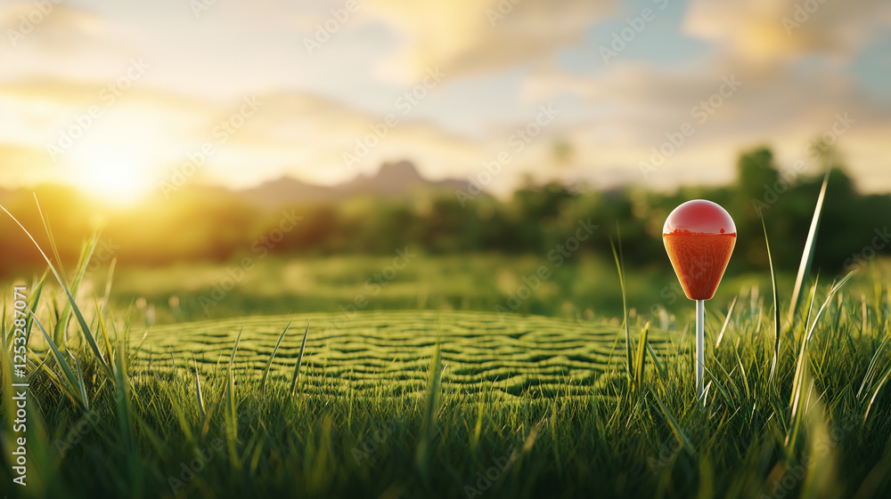 Aufkleber serene green field features maze like pattern with red pin point, illuminated by warm sunset. scene 