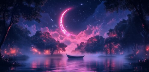 Peaceful night scene with crescent moon reflection over tranquil water near trees