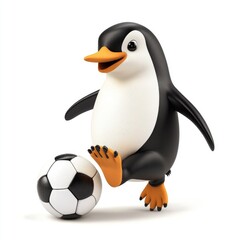 Fototapeta premium Cheerful penguin character playing soccer with a black and white ball