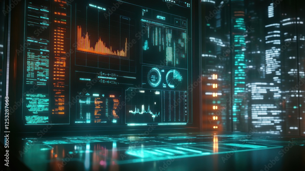 Poster futuristic digital interface displaying data with a glowing cityscape backdrop