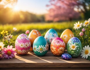 Fototapeta premium vibrant easter eggs decorated with floral patterns are placed on a rustic wooden table surrounded by a sunlit meadow with blooming flowers