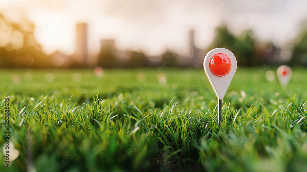 Poster vibrant green field with multiple red pinpoints scattered throughout, symbolizing location markers. 