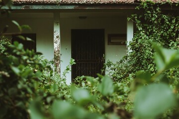 Abandoned building overgrown with vines,  exterior view, tranquil scene,  stock photo