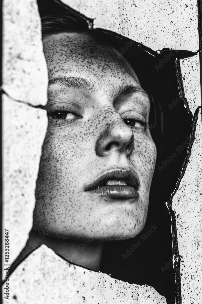 Poster exploring unseen beauty: a monochrome portrait capturing emotion and vulnerability through freckles 