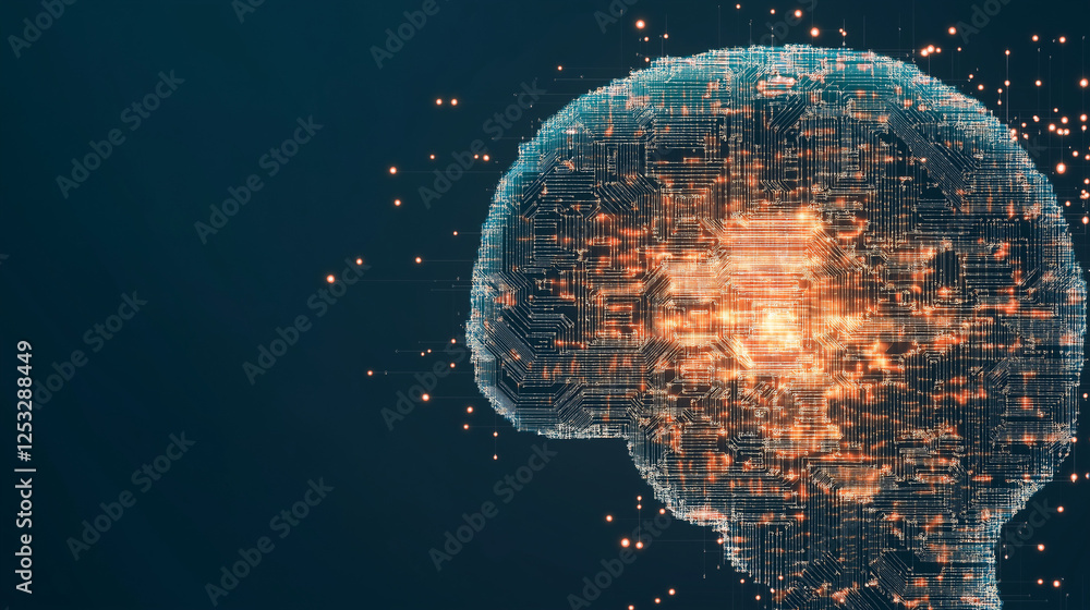 Poster illuminated mind: abstract digital rendering of a human brain, constructed from glowing particles an