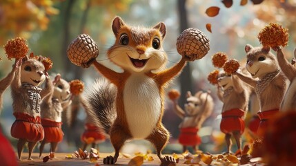 Cheerful Squirrels Celebrating with Pinecones in Autumn Forest