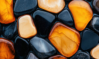 Explore the Captivating Beauty of Polished Amber and Black Stones: A Textural Journey Through Nature's Artistic Creations