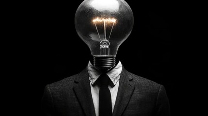 A suited figure stands with a light bulb head, symbolizing ideas and ingenuity