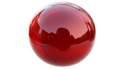 Big red transparent glass sphere reflecting environment on transparent background