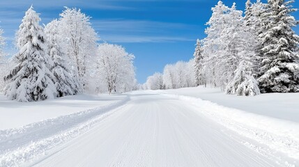 Snowy winter road through frosted trees