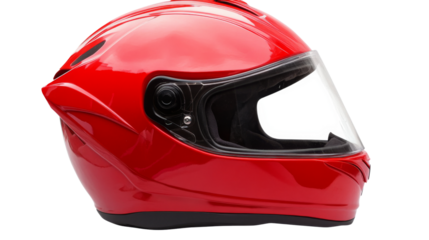 Vibrant red helmet with visor on a clear backdrop